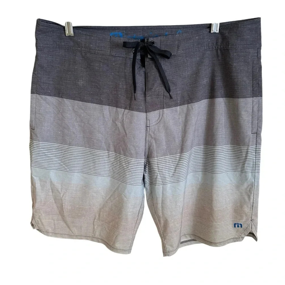 Travis Matthew Mens 36 Gray Striped Board Shorts Swim Unlined Vacation